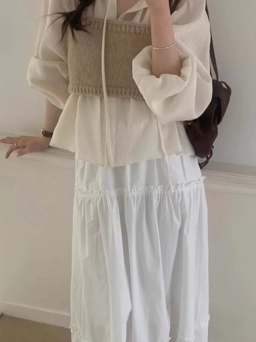 

2025 New Beautiful irt Women South korea Pleat Waist Hing Design Sense irts + All-Matching Wrap-around Sweater + Skirt