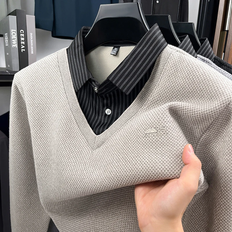 겨울 핫 세일 신상품 남성 셔츠 칼라 페이크 투피스 벨벳 두꺼운 프린트 따뜻한 니트웨어 브랜드 패션 오피스 남성복