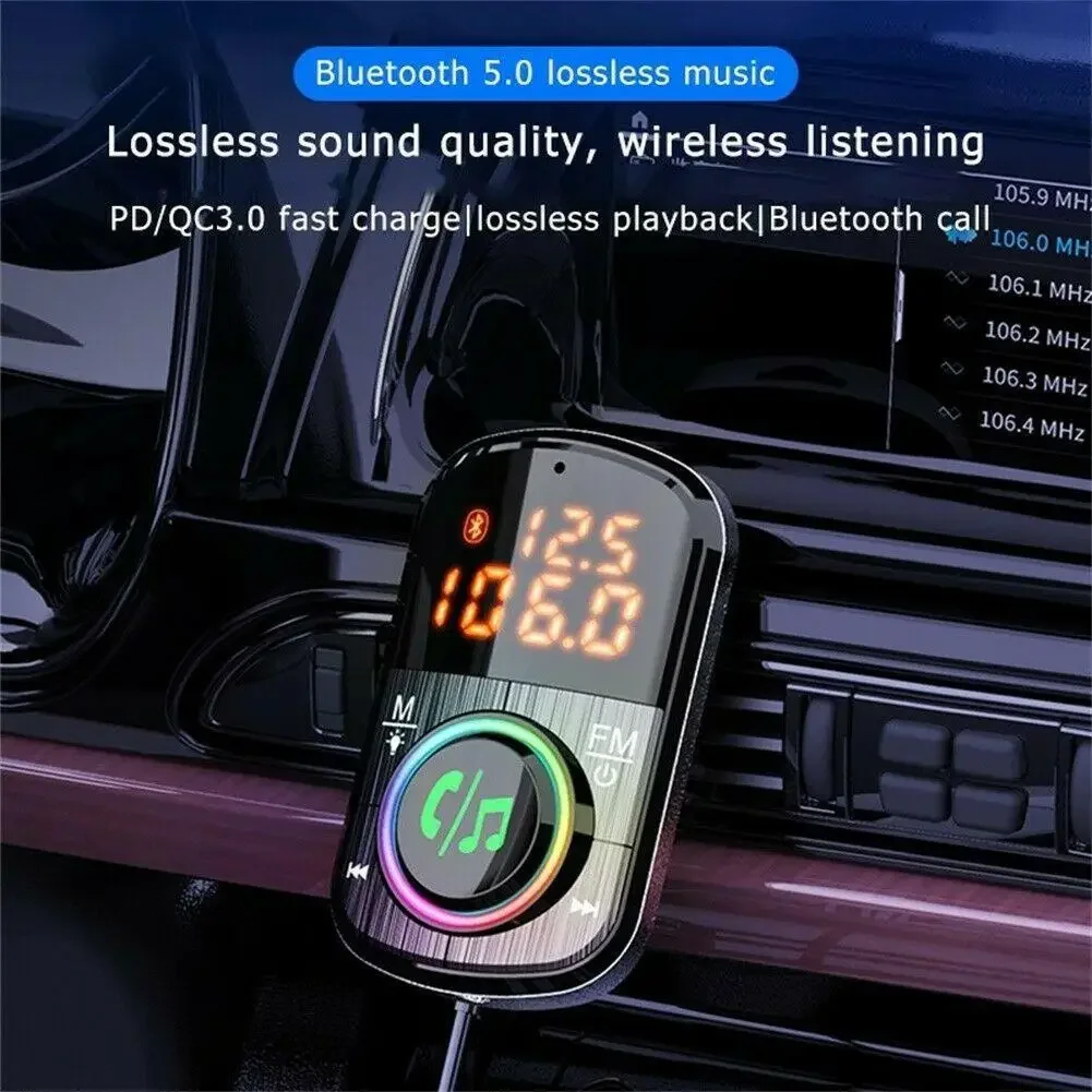 

Bluetooth 5.0 Car FM Transmitter Kit Dual Display PD3.0/QC3.0 Fast Charging Mp3 Player With Atmosphere Lights Handsfree Call