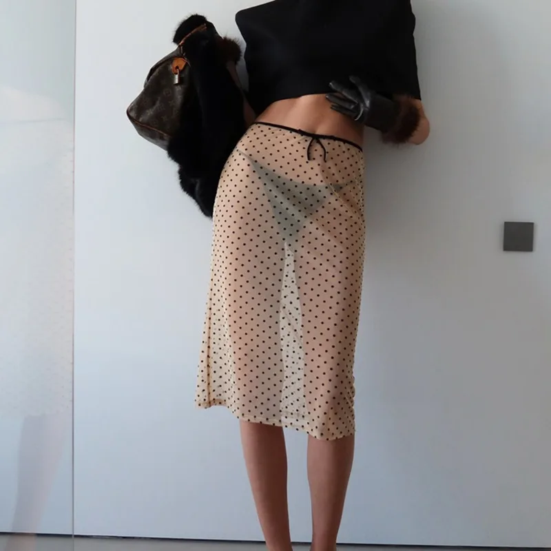 Talenza Sexy Polka Dot Maxi Skirt Women's Summer See-through Print Straight Skirts Fashion Party Elegant Women's Casual Skirts