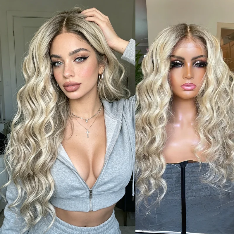 

Fashion Women's Wig Long Lace Front Synthetic Wig Creamy Ash Blonde Heat Safe Soft Curly Fibre Blonde Highlights Wig Daily Party