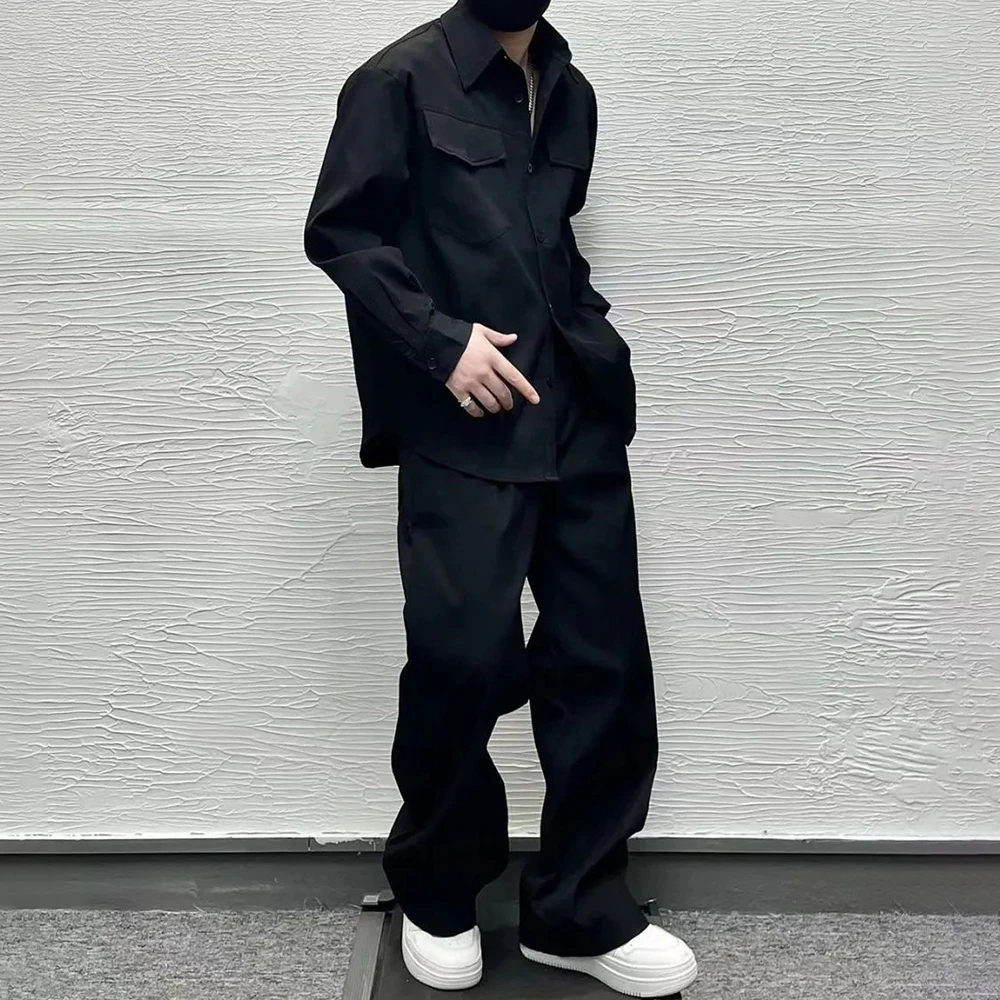 Mens Casual Shirt Wide-Leg Pants Suit 2024 New Genderless Fashion Trend Vacation Solid Color Loose Simple Two-Piece Set Unisex