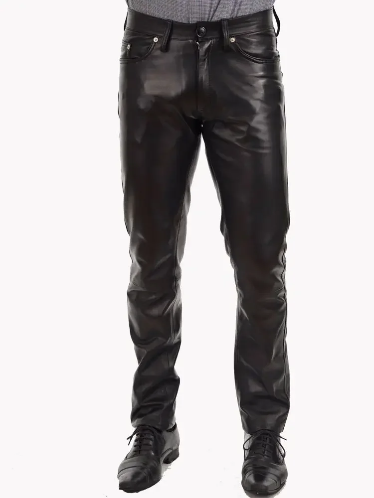 

Leather Pants Men Men's Trousers Pant Real Jeans Size Trouser Biker Fit Black