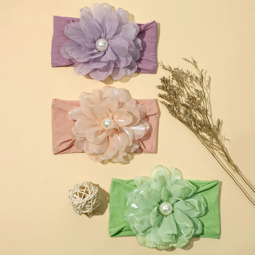 パール大シフォンフラワーヘッドバンドベビー幼児ヘアアクセサリー新生児 PhotoProp ワイドナイロンヘッドバンド子供花ターバン