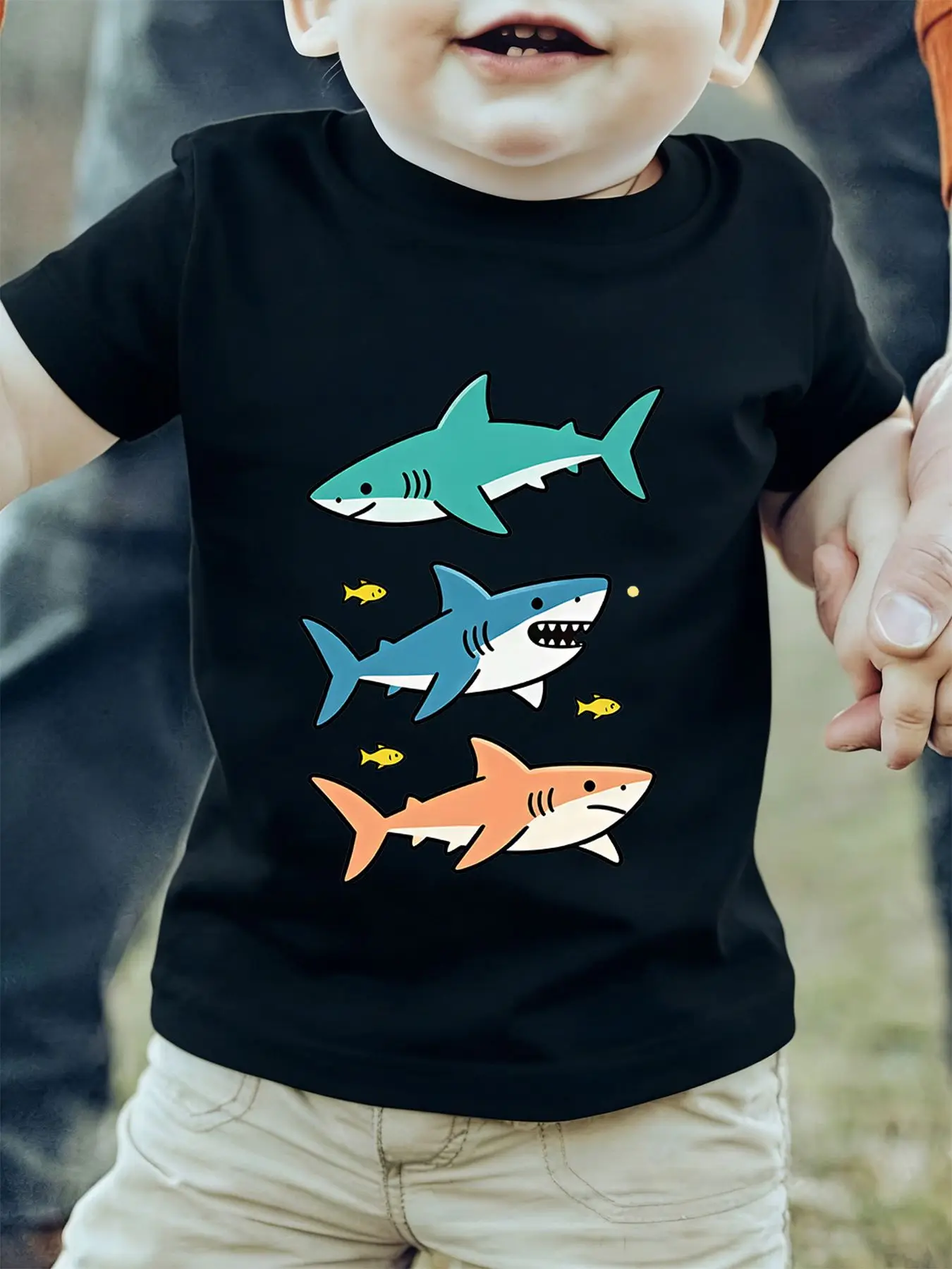 Cute Colorful Cartoon Sharks Small Fish Ocean Animal Graphic Kids T Shirt Boys Girls Family Matching Summer Crew Neck Casual Tee