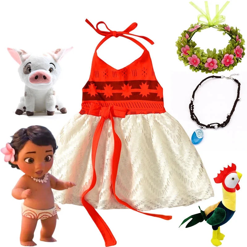 

Little Girl Moana Costumes Kids Cosplay Girls Princess Vaiana Dress Children Birthday Party With Necklace Pet Pig Moana Sets