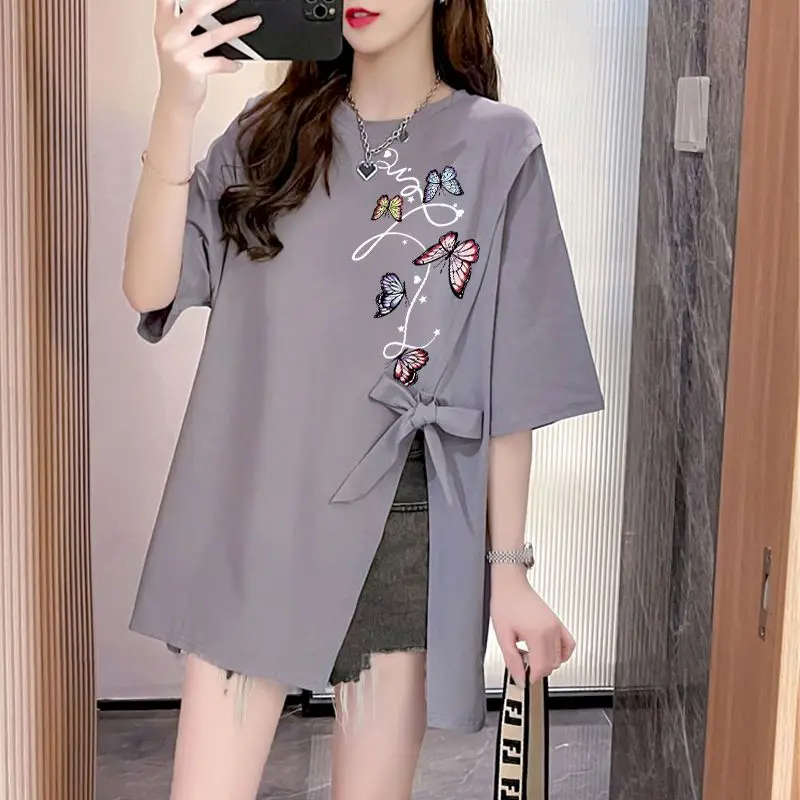 Vintage Loose T Shirts Women Fashion Butterfly Print Half Sleeve T-shirt Casual Design Oversized Tops Summer Trend Thin Tshirt