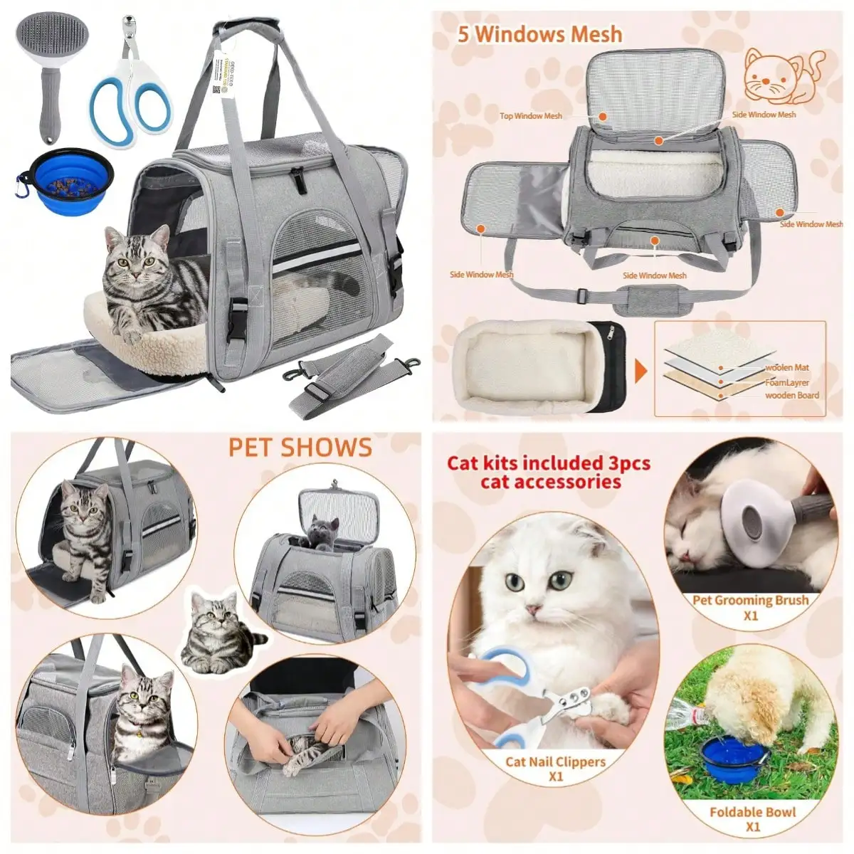 

Bag Airline Approved Up For Cats And Dogs Up To 20LBs, Soft Cat Carrier Dog Carrier Travel Kitten Carrier With Mat,