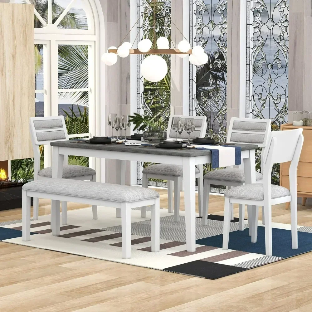 

%a 6 Piece Kitchen Dining Table Set, Wooden Rectangular Table with 4 Upholstered Chairs and a Bench, Dining Room Table for 6 P