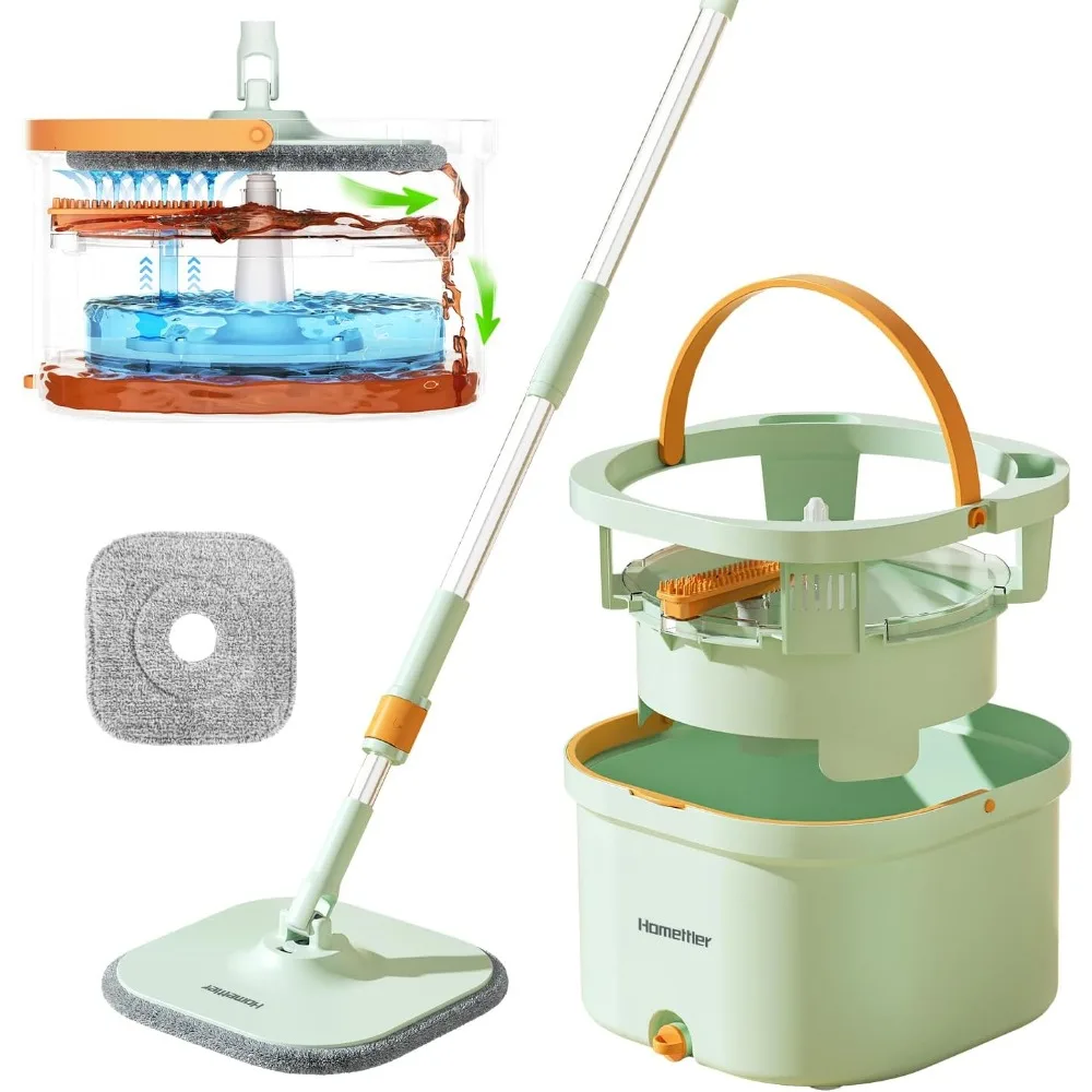 

Spin Mop and Bucket Set with 2 Microfibra Replaceable Mop Pads Self Separation Dirty and Clean Water System Self Wringing 360° R