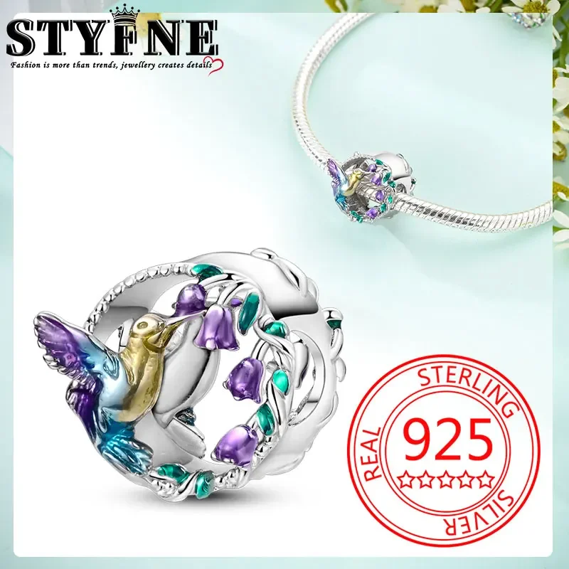 Animals Pets 2025 Beads 925 Sterling Silver Hummingbird & Orchid Gradient Purple Charms for Women's Jewelry DIY Pulseras Gift