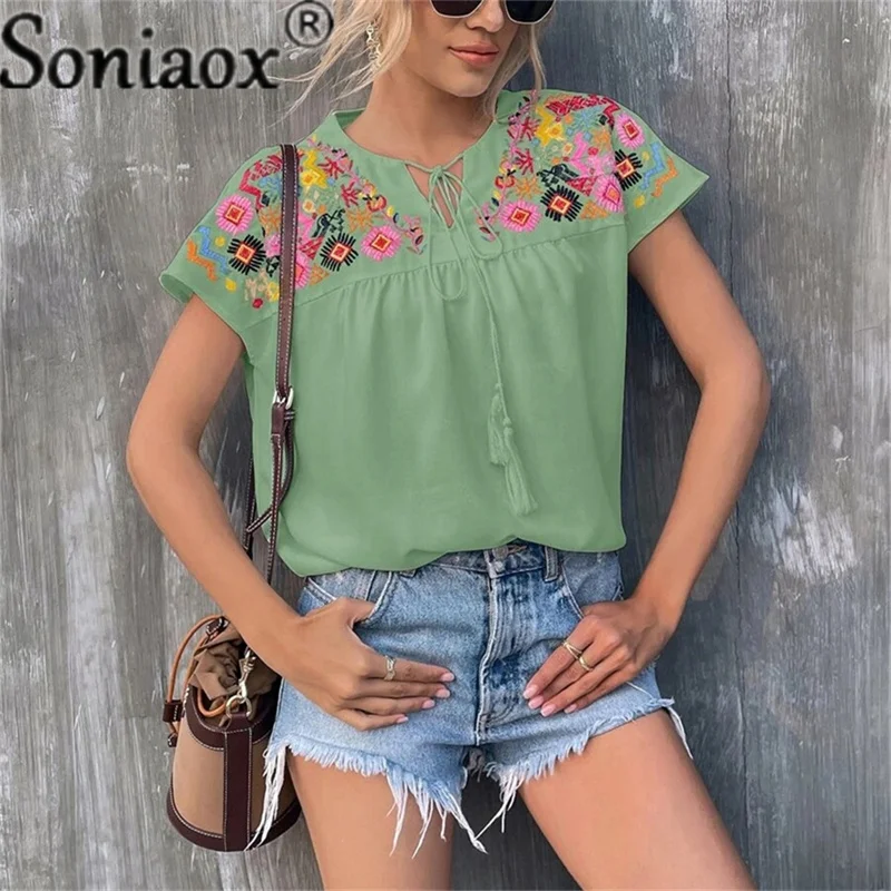 

Women Clothing Short Sleeve Shirts Fashion Flower Print Lace-up V-Neck Summer Shirts Blouse 2022 Casual Ladies Pullovers Tops