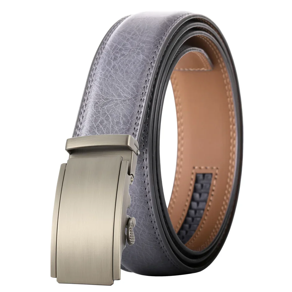 New Luxury Gray Blue Black White Brown Men Belt High Quality Cow Genuine Leather Belts For Men Automatic Ratchet Buckle B549