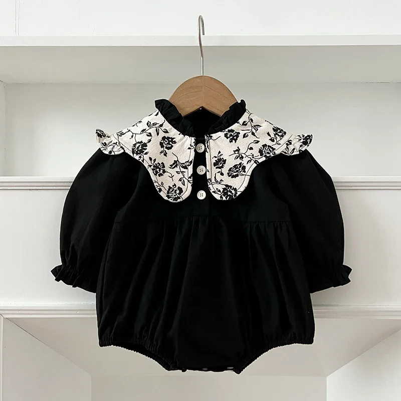 0-2 Jahre Alt Herbst Säuglings Body Neugeborene Mädchen Strampler Floral Stickerei Revers Einfarbig Lange Ärmeln Overall Baby kleidung