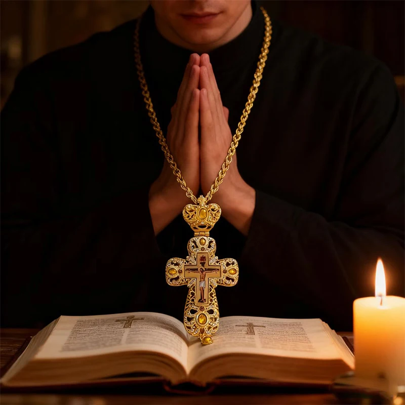 

New 2026 Eastern Orthodox Cross Pendant Gold Plated Jesus Crucifix Patriarchal Cross Necklace with Gemstones for Holy Mysteries