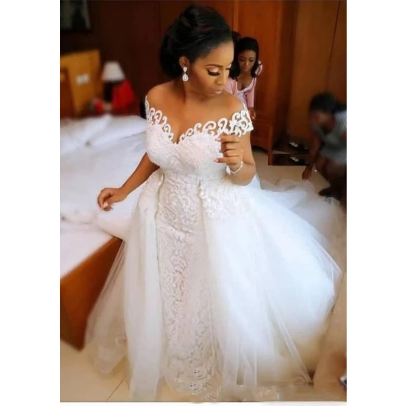 Customized African Nigerian Mermaid Wedding Detachable Train Lace Up Design Short Sleeve Bridal Gowns Dresses