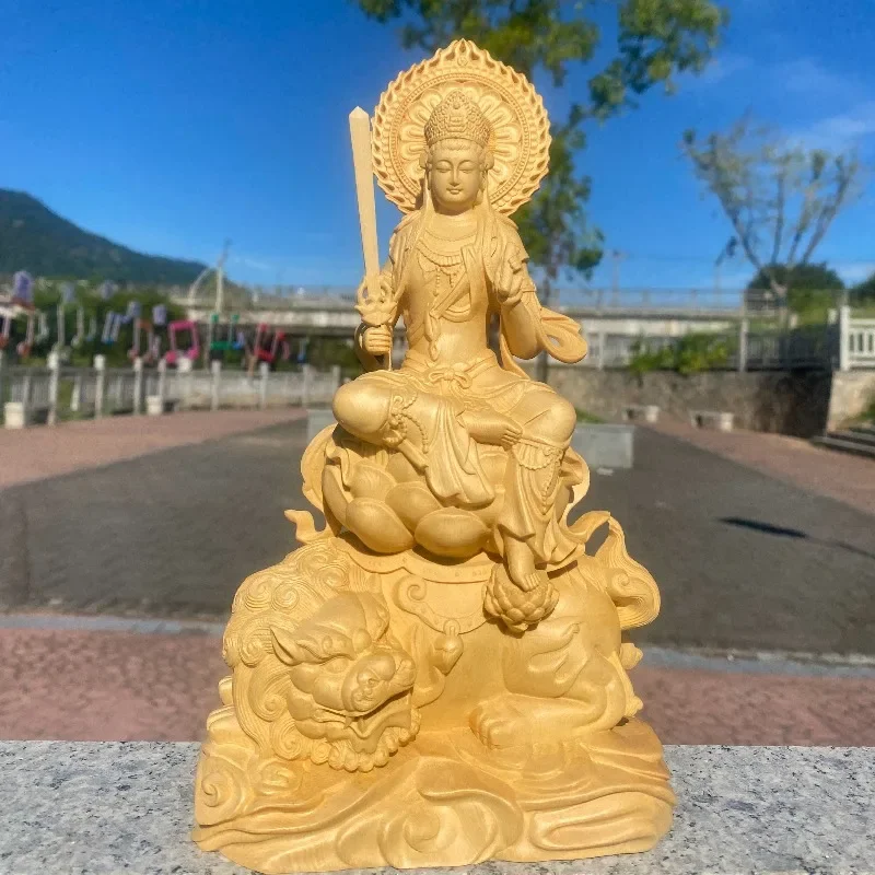 Hand-Carved Hinoki Manjushri & Samantabhadra Bodhisattva Statue - 9.8