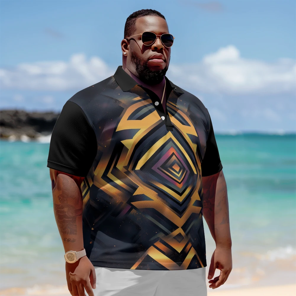 

1 men's plus size polo shirt with cool summer black gold print casual lapel button suitable for shopping and golf