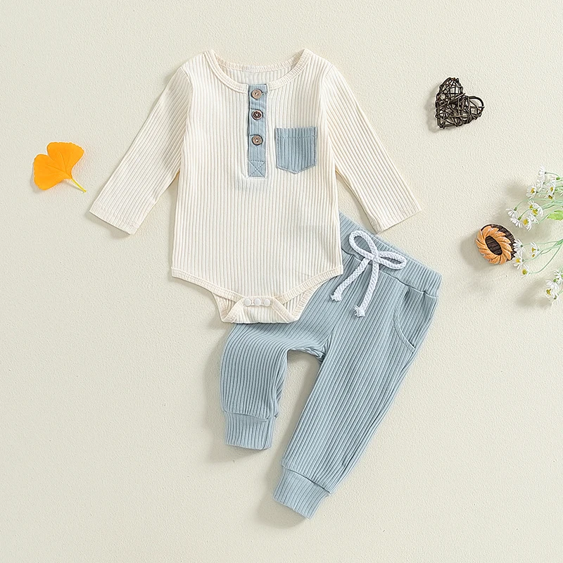 2024-06-04 Lioraitiin Baby Boys 2PCS Outfits Long Sleeve Crew Neck Button Romper Solid Color Drawstring Pants Sets