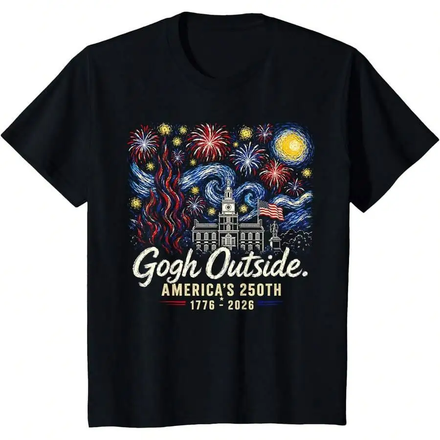 Gogh Outside America's 250Th 1776 2026 Starry Night USA T-Shirt 100% Cotton Trendy Y2K Short-Sleeve Tee-Soft, Quick-Drying,