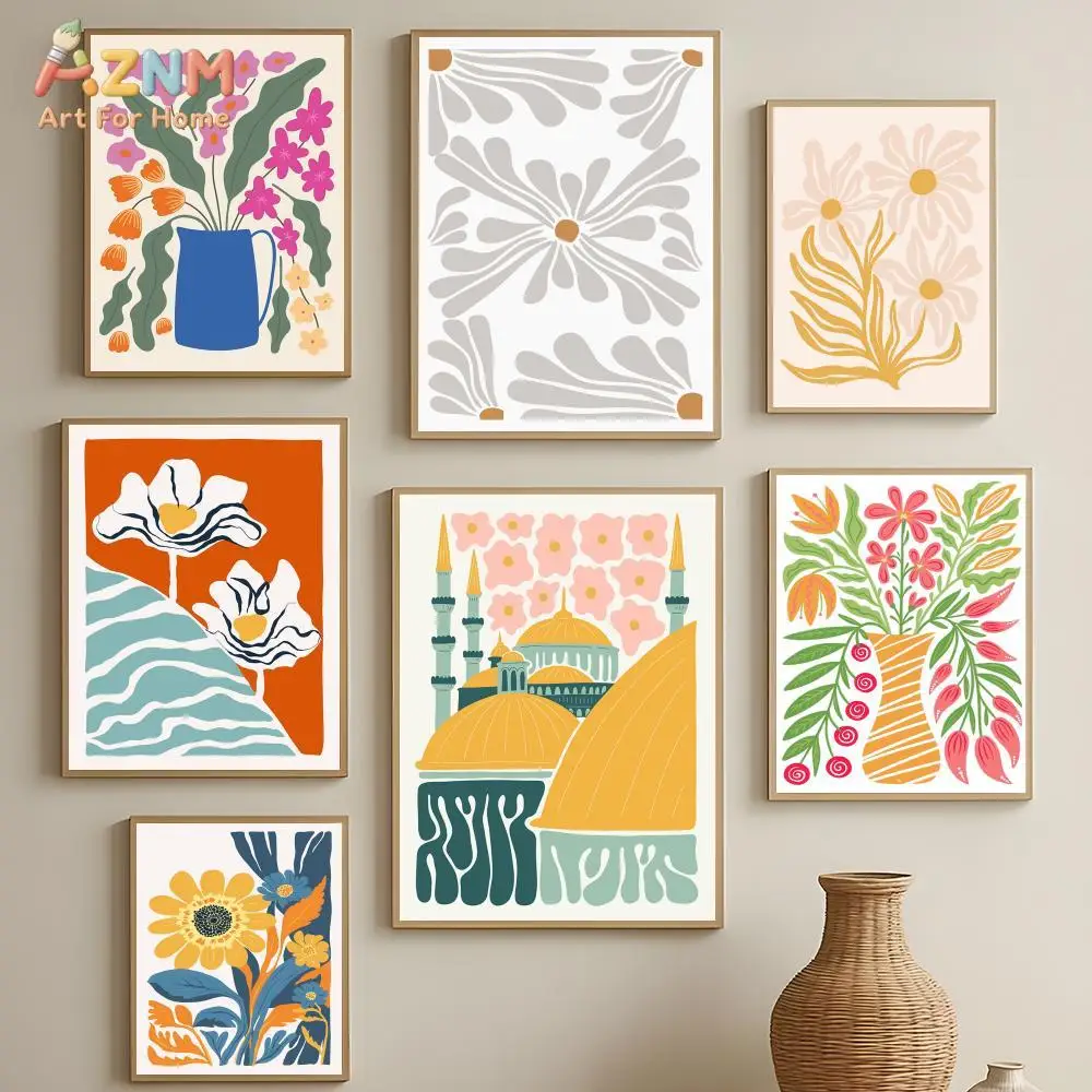 AZNM Bohemian Abstract Floral Mosque Canvas Wall Art Colorful Hand Drawn Flower Vase Art Print Modern Aesthetic Home Decor Poste
