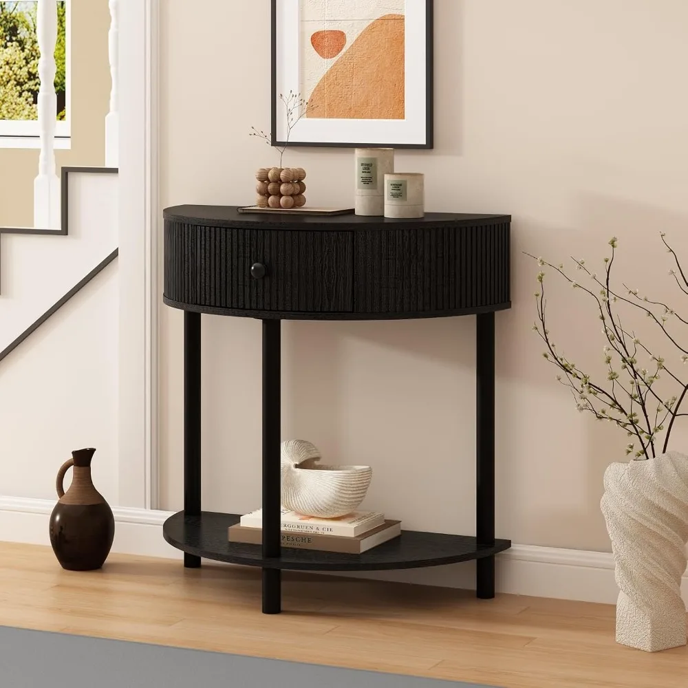 

Fluted Half Moon Console Table,Bohemia Small Entryway Table with Drawer, Modern Half Round Sofa Table with Bottom Stora
