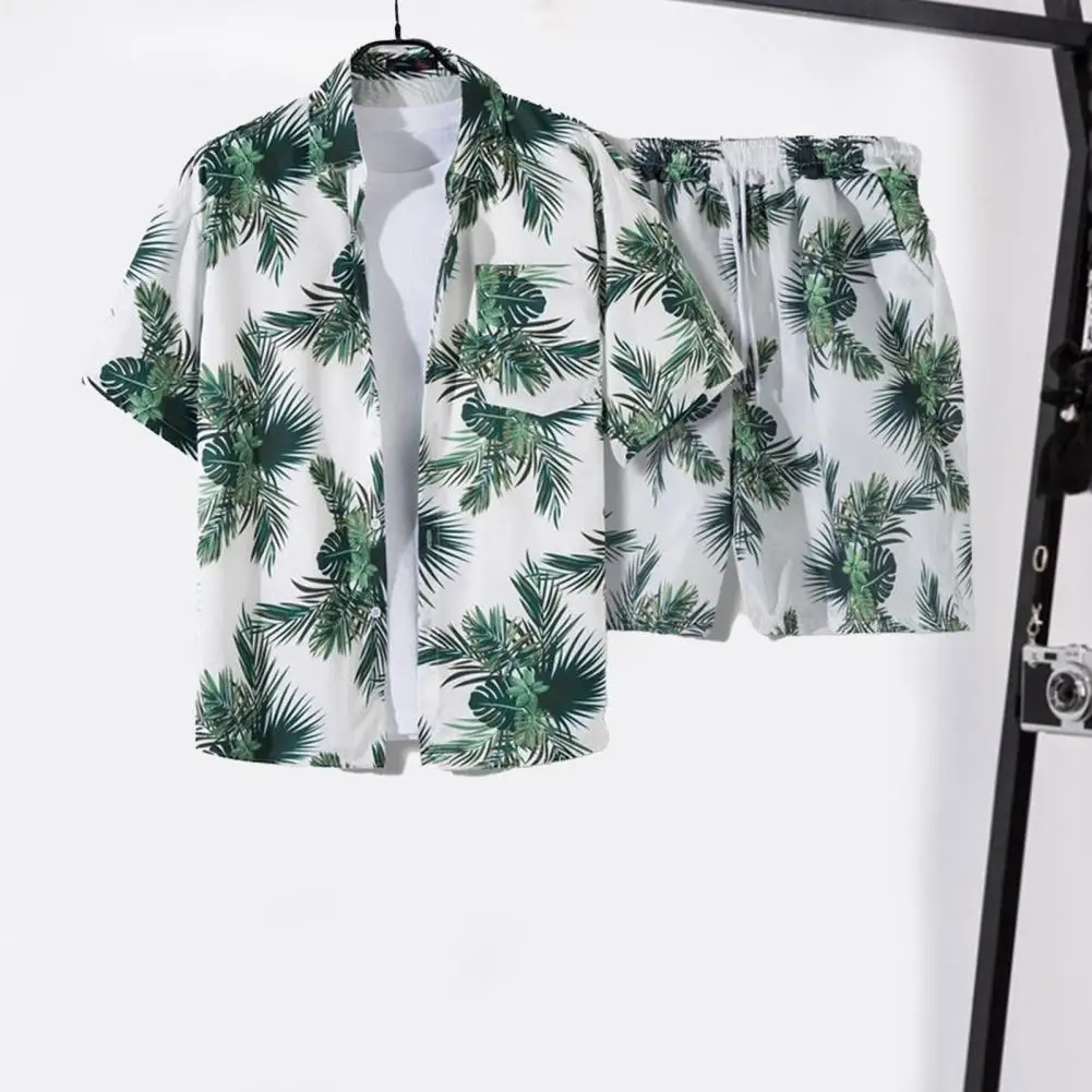 Beach Outfit Anti-pilling Coconut Tree Print Shirt Loose Shorts Sport Suit Drawstring Mid-rise Men Tracksuit Daily Garment