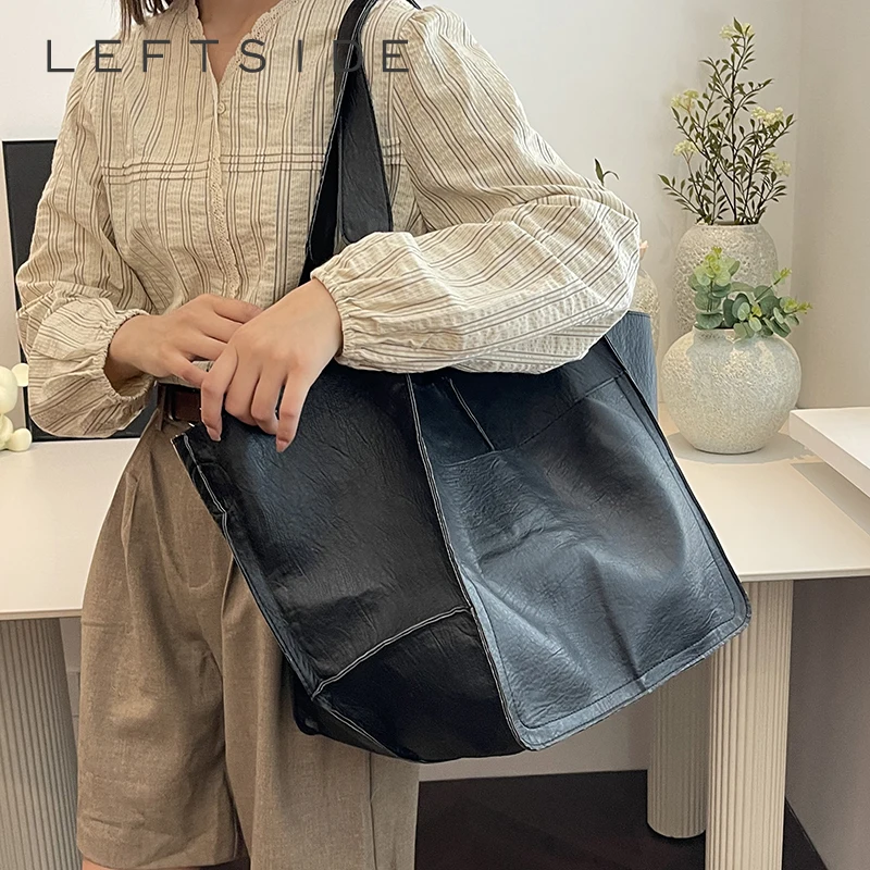 

LEFTSIDE Women's Vintage Large Leather Tote Bag Minimalist Casual Daily Office Travel Shopping Shoulder Bag 2026 New Handbag