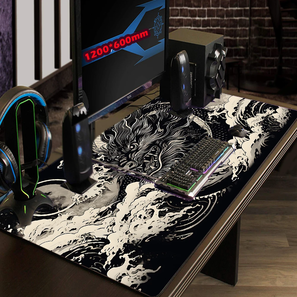 Preto e branco Dragon Gaming Mouse Pad, tapete de teclado, computador Gamer Desk Acessórios, Big Mousepad, Esports, 120x60cm, 1000x500mm, 450x400mm