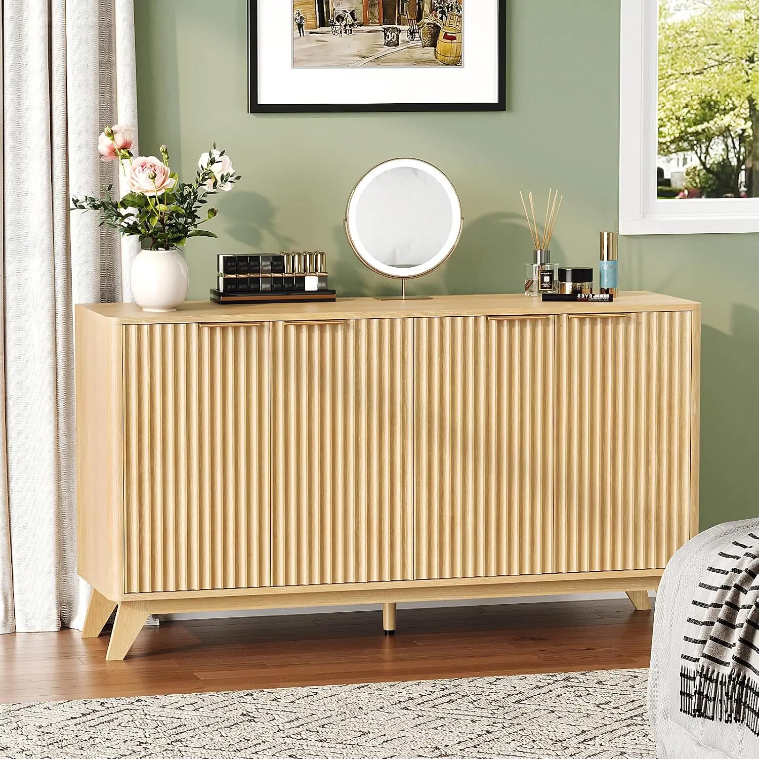 Modern TV Stand 65 Inch Entertainment Center Adjustable Shelves Fluted Doors Media Console Living Room Bedroom Oak, Customized