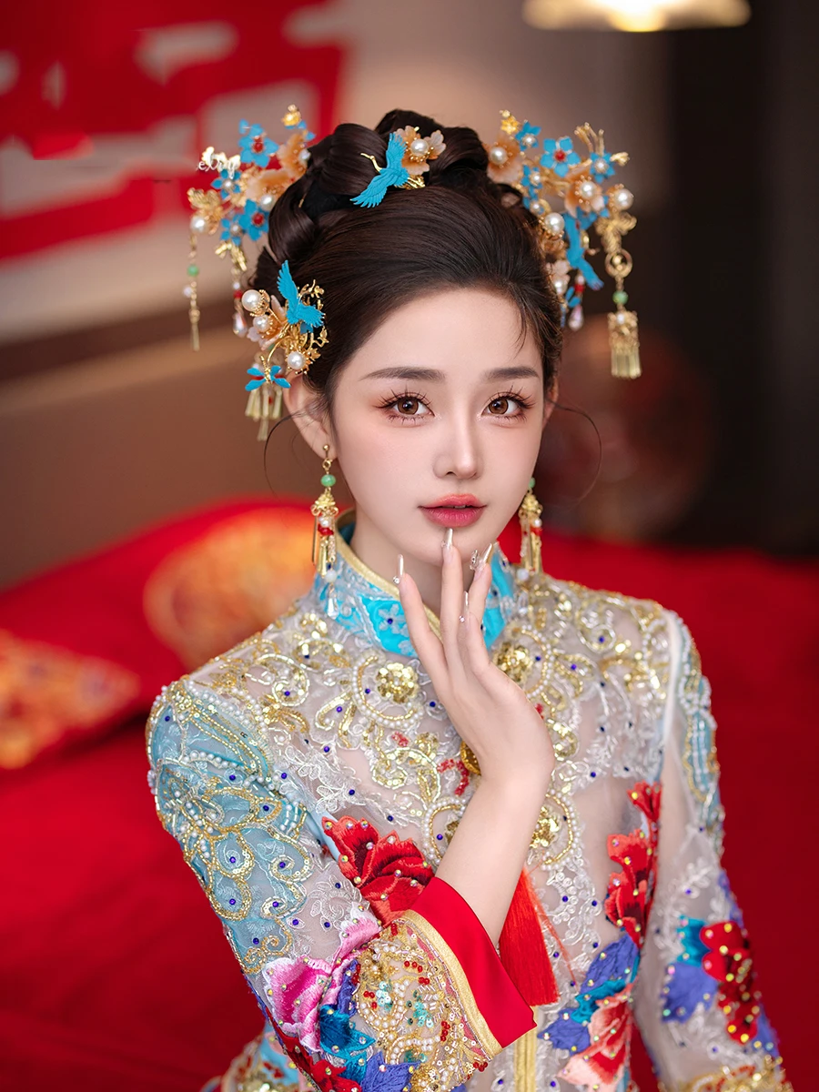 HIMSTORY Chinese Style Wedding Phoenix Hairpin Crystal Han Costume Ancient Headdress Bride Xiuhe Hairwear Ornament