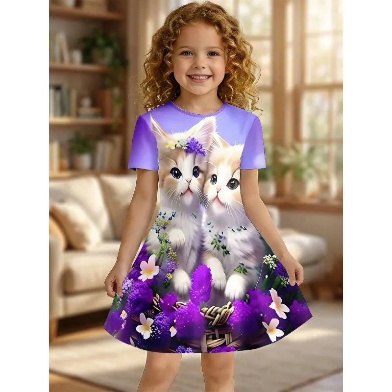 Girl Cute Kitten and Purple Flower Printed T-shirt Dress, Children's Animal Enthusiasts Casual Dress Suitable for Birthday Gifts
