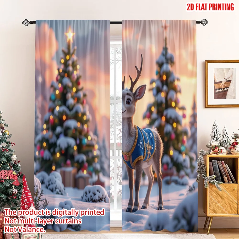 

2pcs 2D flat printing Christmas Window Drapes Cute Reindeer Winter Christmas Tree 100% Polyester Without Electricity Holiday