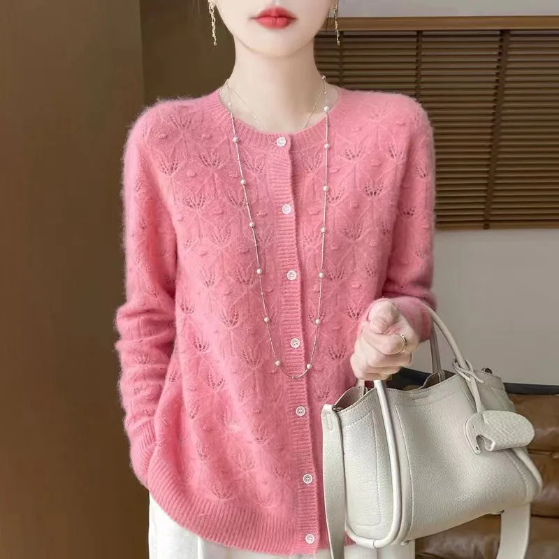Autumn And Winter New Hollow Round Neck Cardigan Women's Jacquard Loose Wool Knitted Long-Sleeved Coat Top