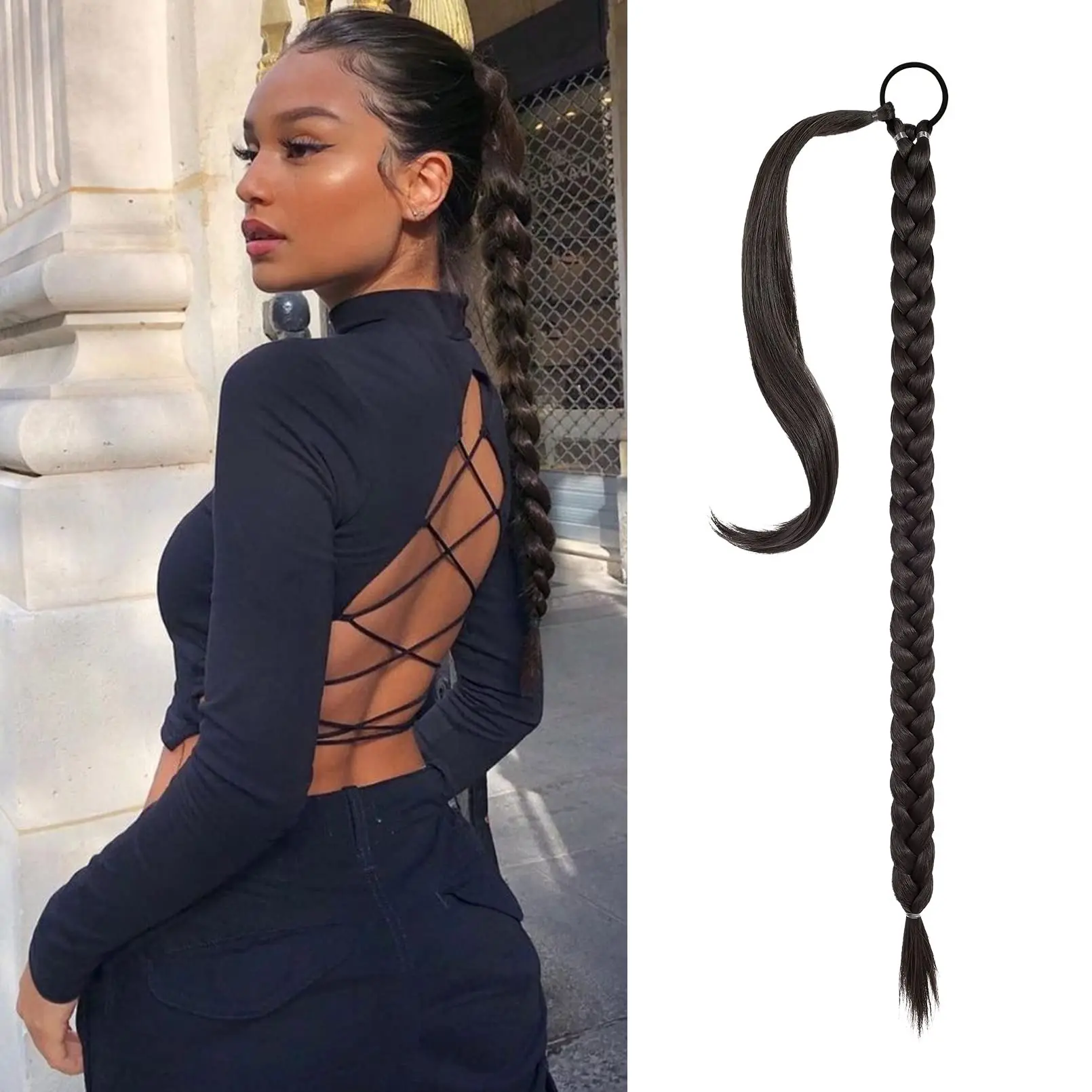 

Synthetic Long Braid Ponytail Hair Extension with Hair Tie Long Straight Wrap Around Ponytail Natural HairPiece Black Brown