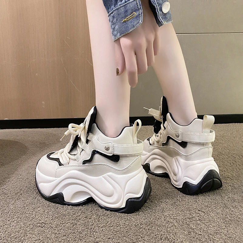 8CM Thick Bottom Chunky Sneakers 2023 New Autumn Women High Platform Sports Shoes Woman Casual Wedges Leather Dad Shoes Footwear