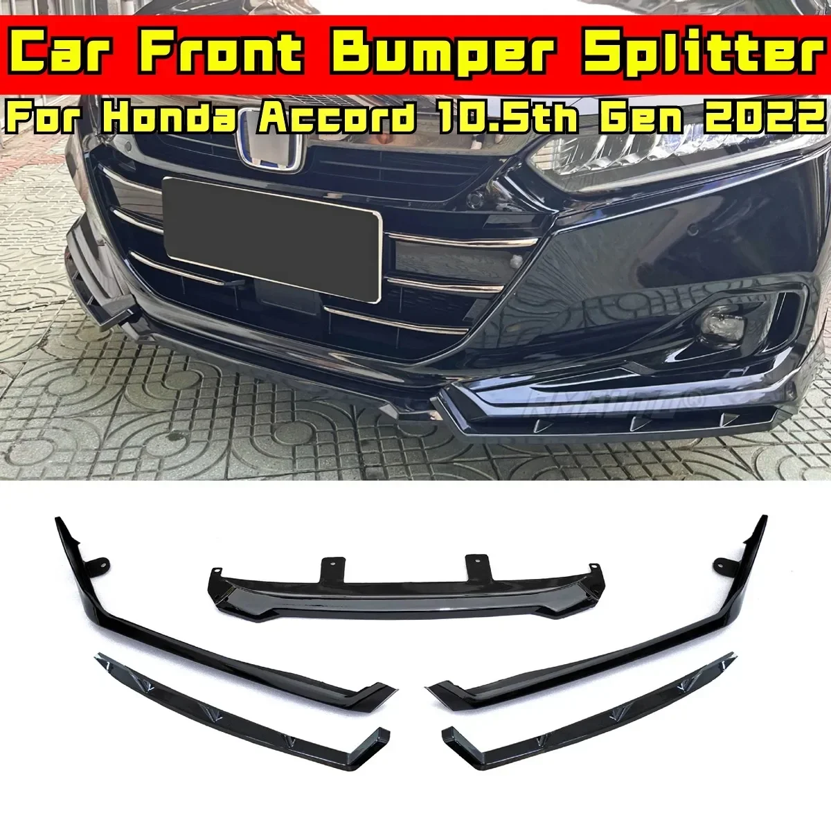 Accord Front Bumper Lip Glossy Black Sport Style Bumper Spoiler Cover Body Kit For Honda Accord 10.5th Gen 2022 Car Accessories