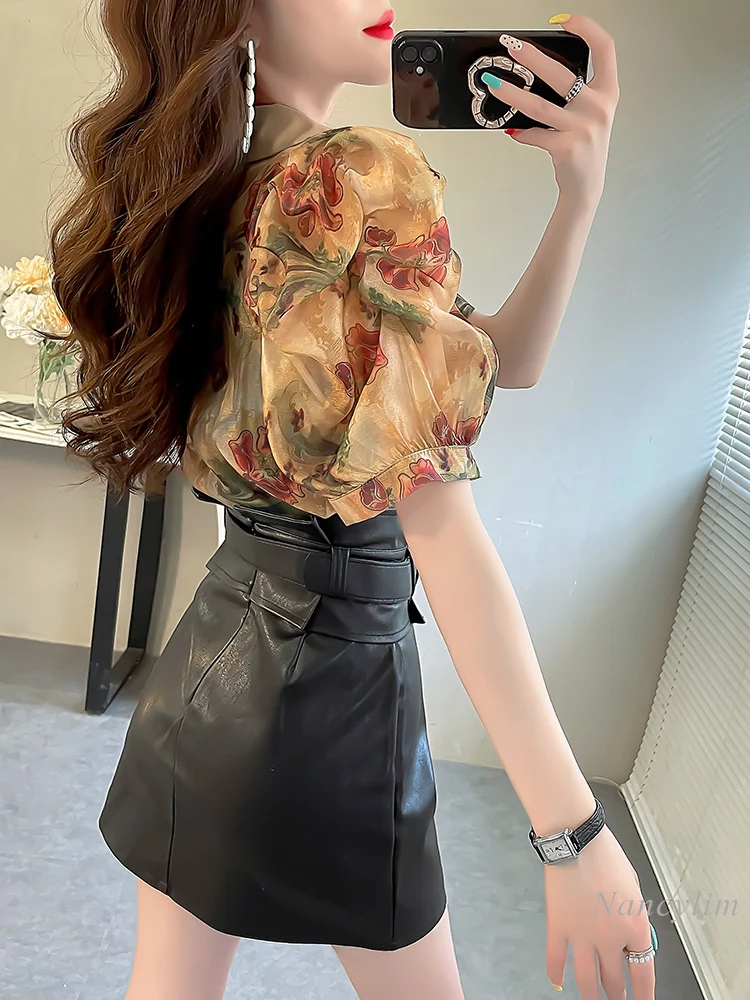 Short Puff Sleeve Flower Shirt Women\'s Design Sense Niche Vintage Printed Khaki Top High Sense Suit Collar Blouse Summer Blusas