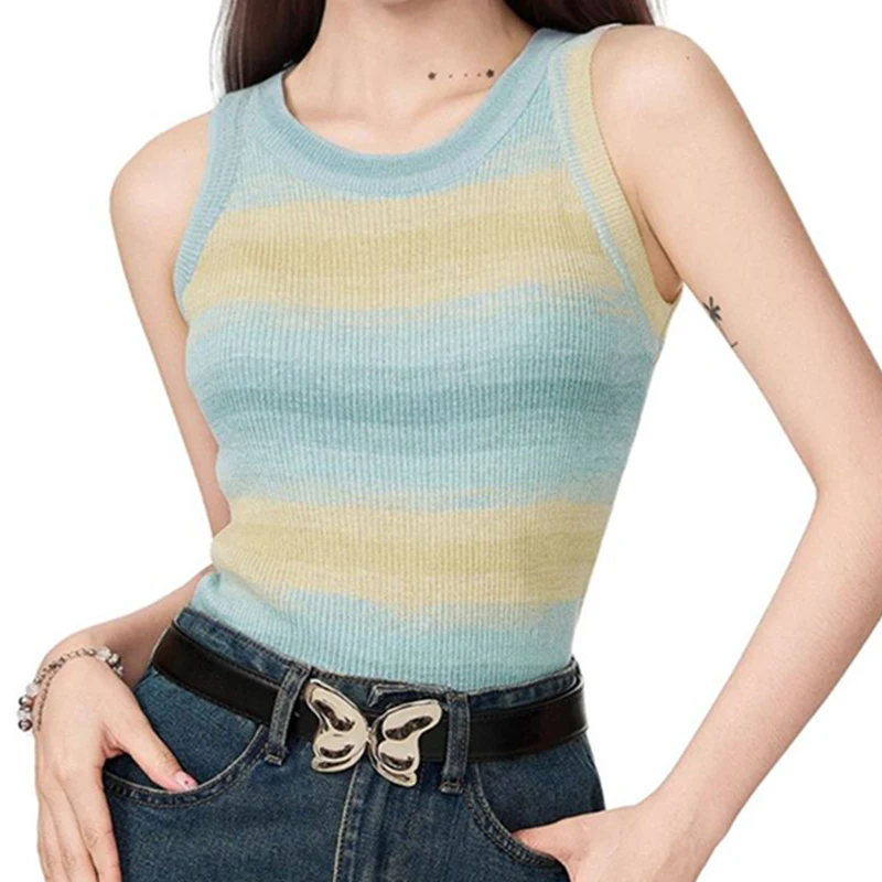 Chaleco de punto a rayas de Color Patchwork elegante para mujer, camiseta sin mangas ajustada con cuello redondo, prendas de vestir para vacaciones en la playa, Top sin mangas