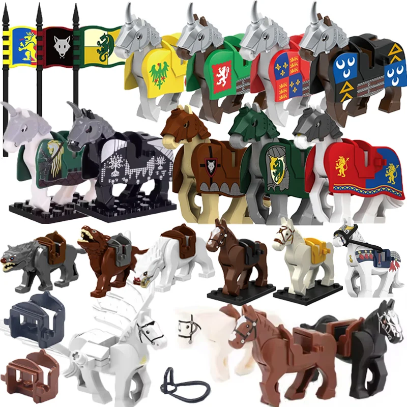 MOC Building Blocks Medieval Military Soldier Figures Knight Warhorse Halyard Flag Animal Saddle Mount Mini Brick Toy Gift X025