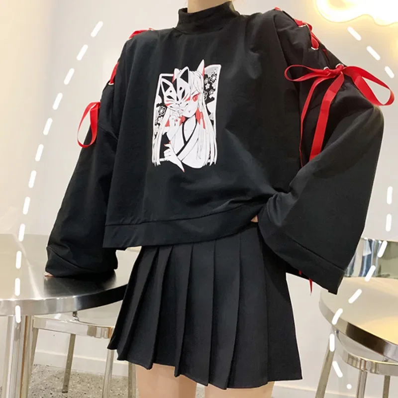 Vrouwen Harajuku Pullovers Chique Cartoon Anime Kleding Nieuwe Stand Kraag Bandage Kawaii Sweatshirts Schattige Halloween Kostuums Pullover