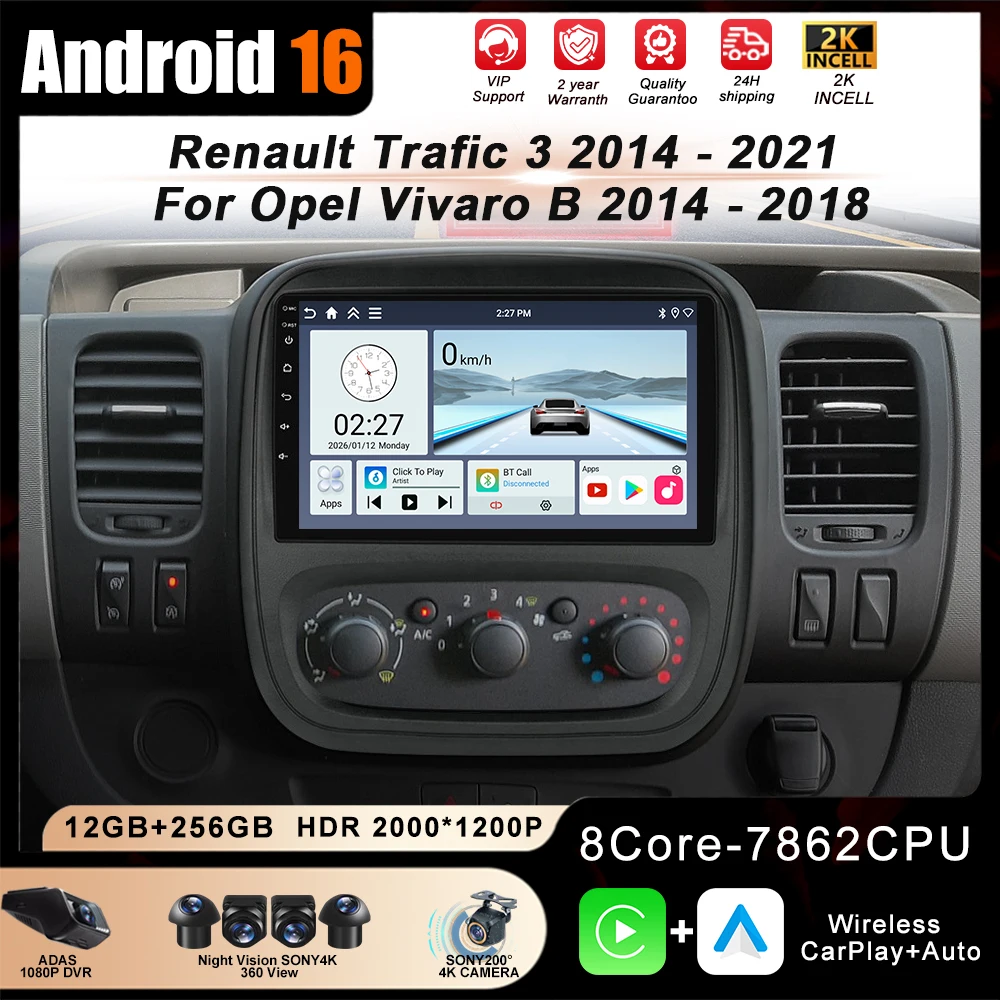 Android 16 Para Renault Trafic 3 2014 - 2021 Para Opel Vivaro B 2014 - 2018 Rádio Automotivo Multimídia Reprodutor de Carro GPS Câmera de Vídeo Dash BT