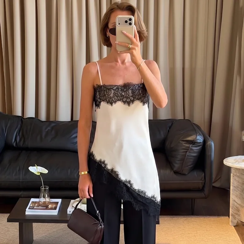 

Sexy Lace-Paneled Camisole Women's Sleeveless Loose Irregular Stylish Straps Top 2026Summer New Female Party Club Tops
