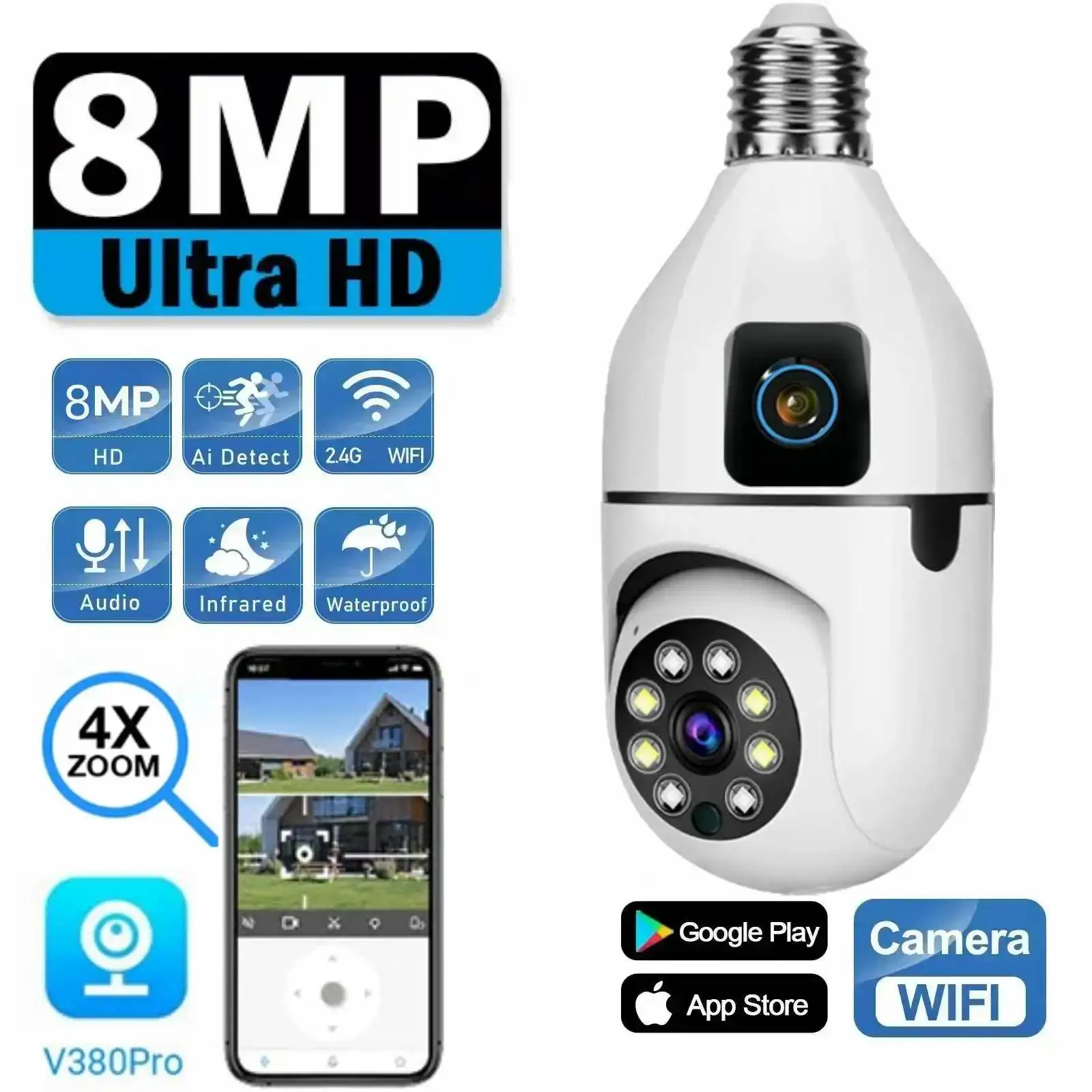 

8MP E27 Bulb WIFI Camera Dual Lens Smart Home Indoor Surveillance Night Vision Human Tracking 8X Zoom Wireless Two-way Audio Cam