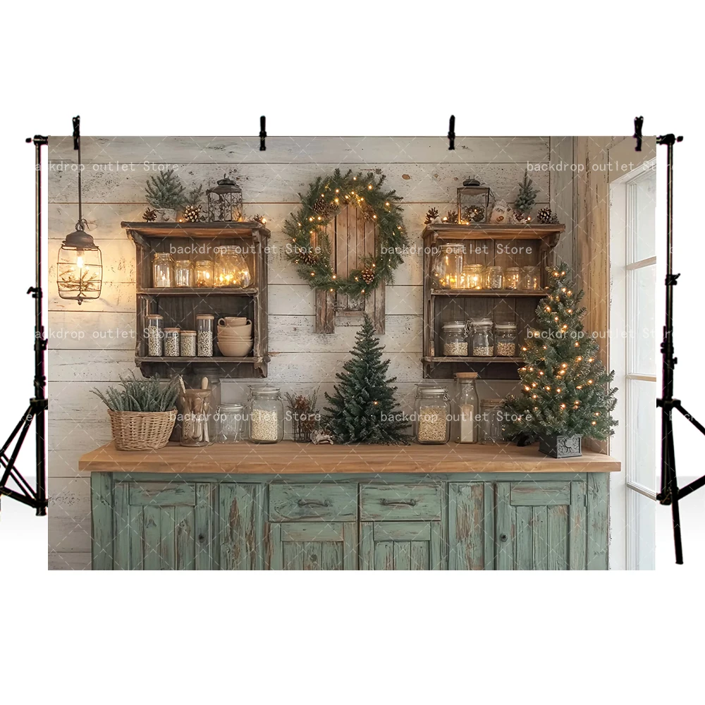 Mehofond 크리스마스 실내 주방 사진 배경 어린이 성인 어린이 녹색 나무 캐비닛 크리스마스 트리 Photocall 배경