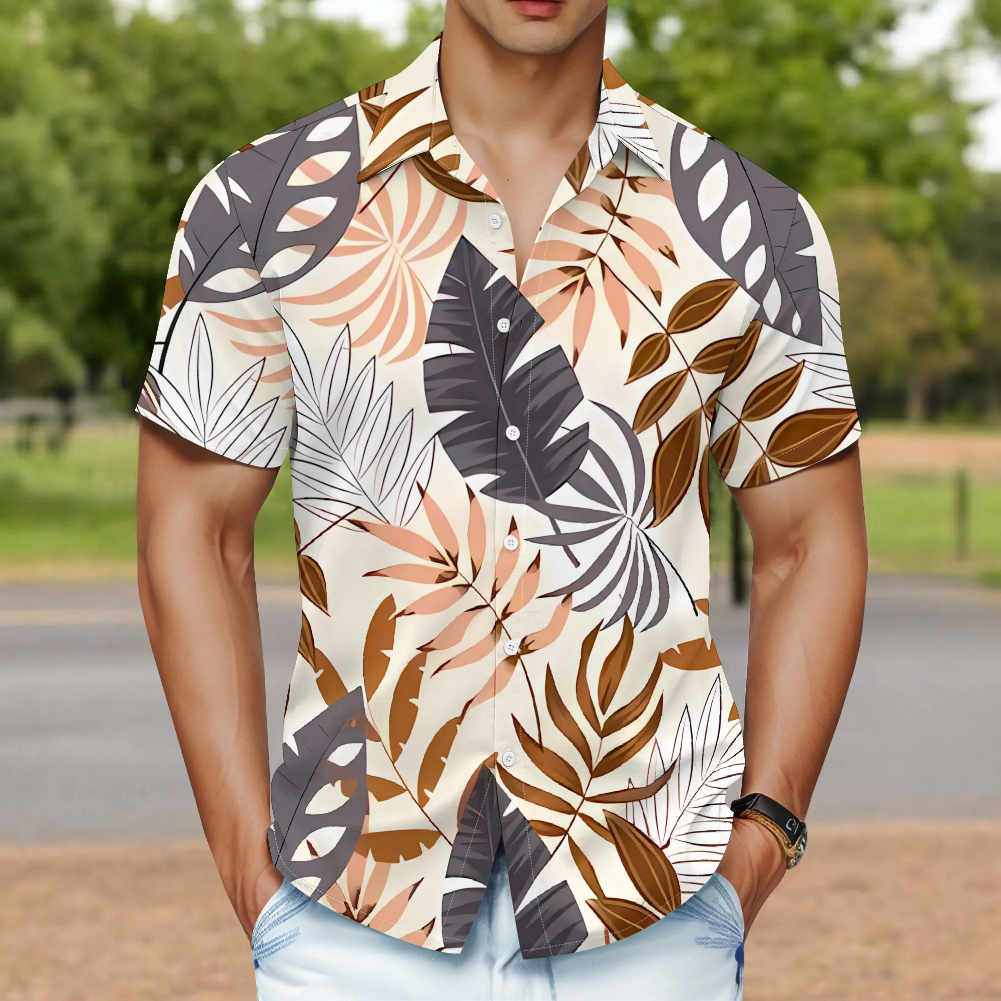 YEAE Tropical Leaf Print Shirt for Men Summer Casual Short Sleeve Top