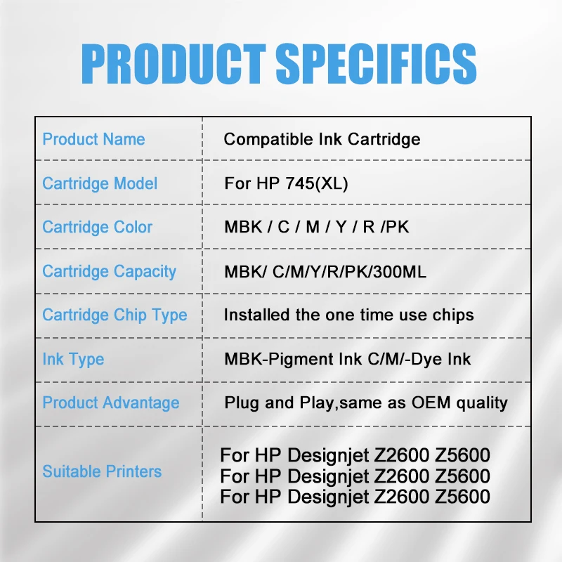 For HP 745 Compatible Ink Cartridge For HP DesignJet Z2600 Z5600 Printers With Chip Pigment Ink Plug And Play Ink Cartridge