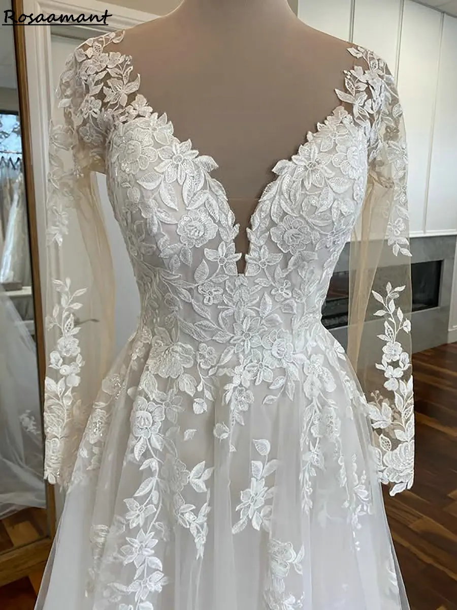قرية الخامس الرقبة يزين الدانتيل ألف خط فساتين الزفاف كم طويل عارية الذراعين أثواب الزفاف البلد