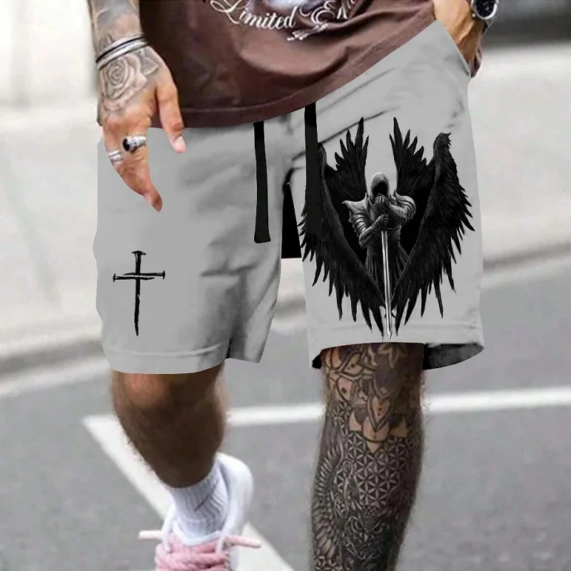 3D Printed Deathly Wings Short Pants For Men Soldier's Cross Pattern Beach Shorts Summer Casual Street Breathable Swim Trunks