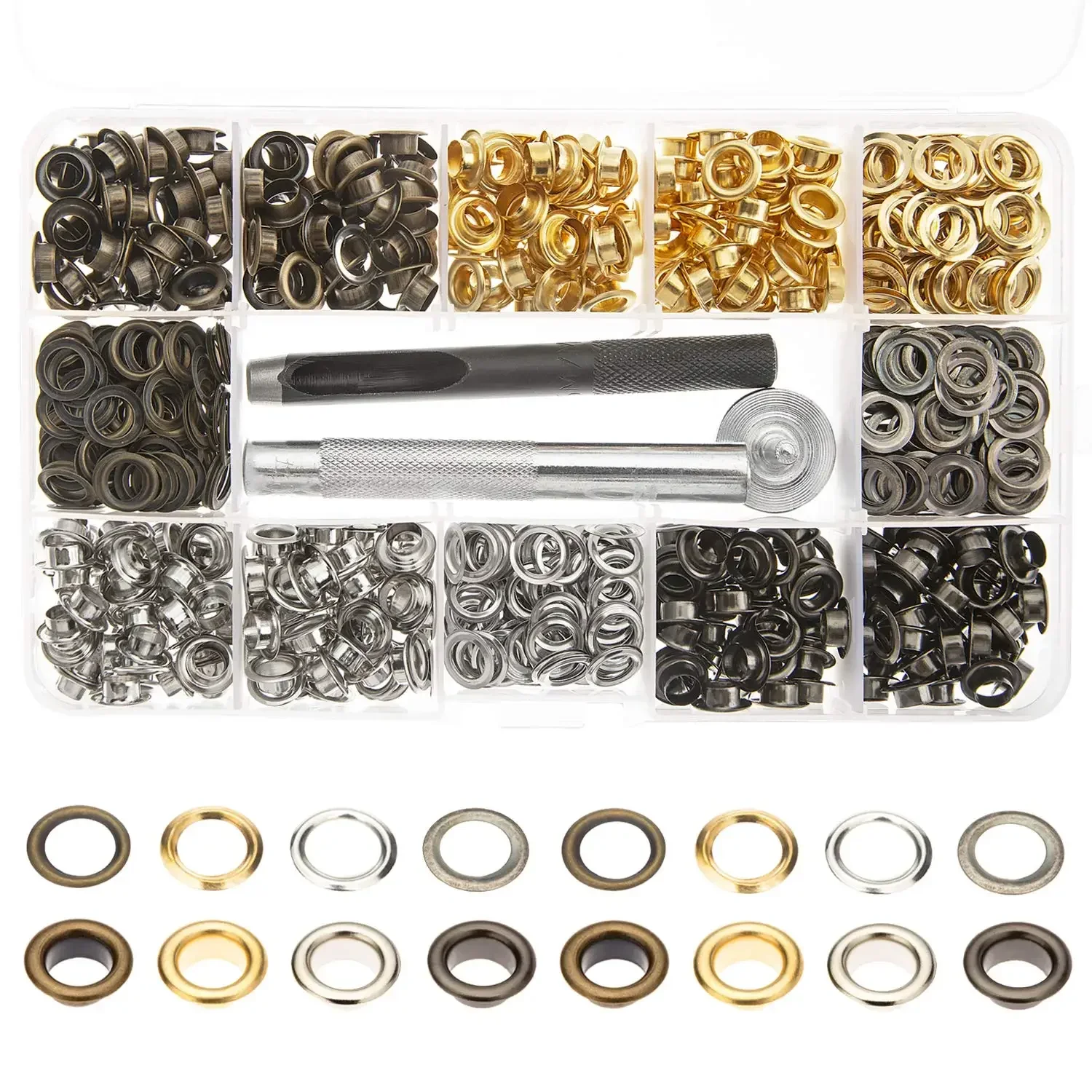 

100/200/400 Sets 6mm 1/4 Inch Copper Grommets Eyelets with 3 Pieces Install Tool Kit and Box for Shoes Clothes Crafts Bag